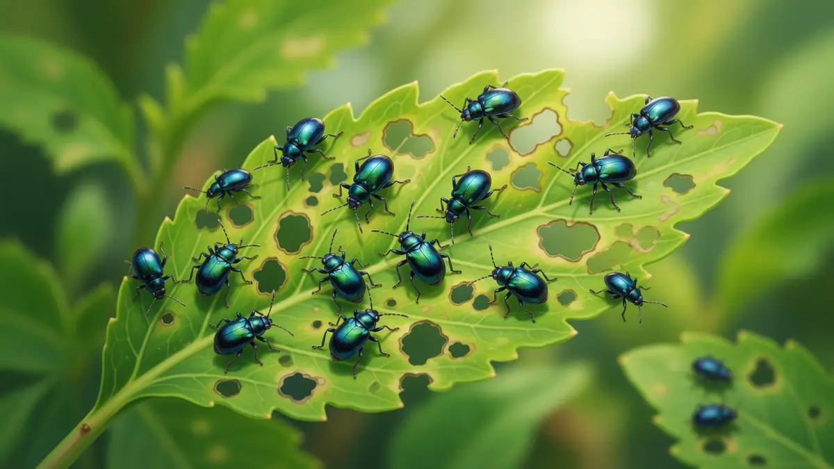 De nombreuses altise bleues sont posées sur une feuille verte criblée de trous