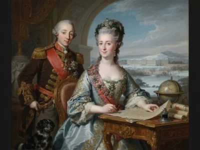 Portrait historique représentant Catherine de Russie écrivant à son bureau avec un officier à ses côtés