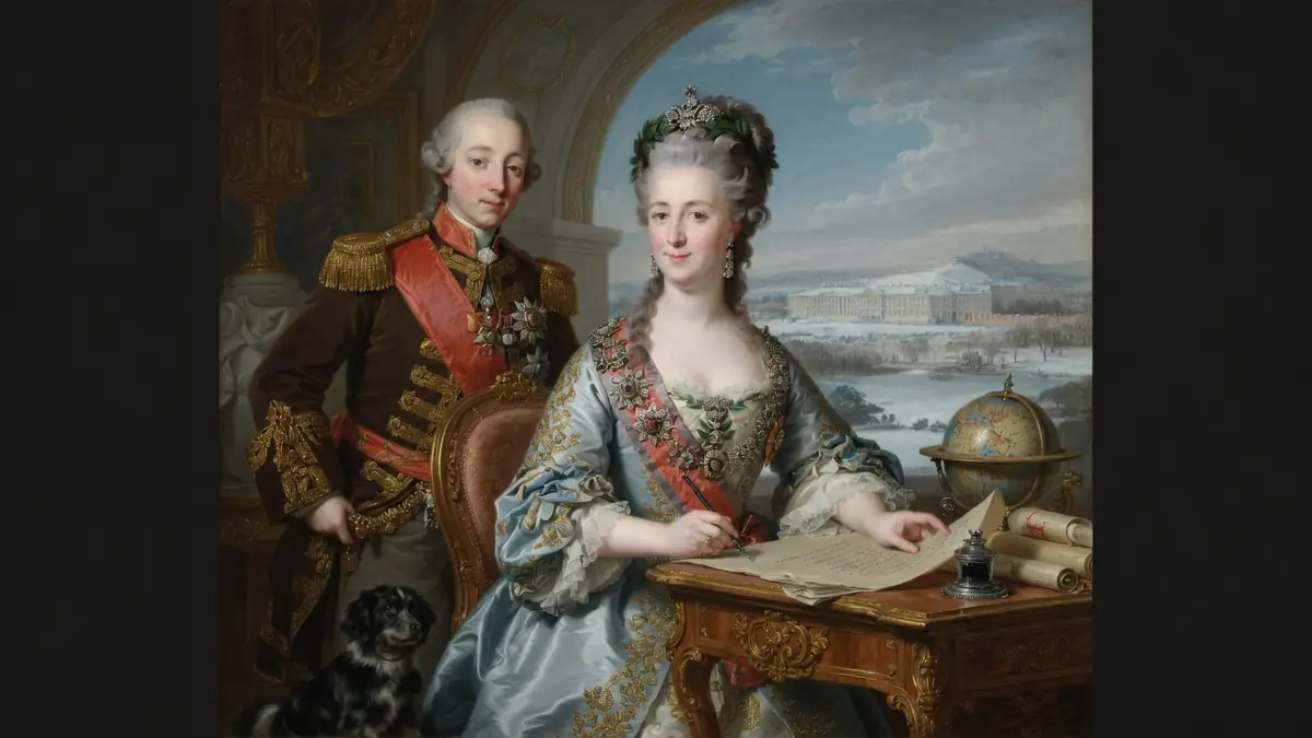 Portrait historique représentant Catherine de Russie écrivant à son bureau avec un officier à ses côtés