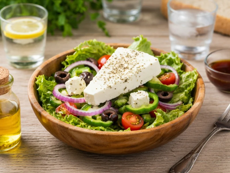 Un bol en bois de salade grecque à la feta illustre la recette pour salade grecque sur table rustique