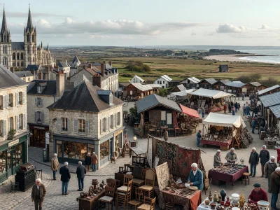 Un marché animé de brocanteurs Somme dans une ville historique au bord de la mer avec cathédrale en arrière-plan.