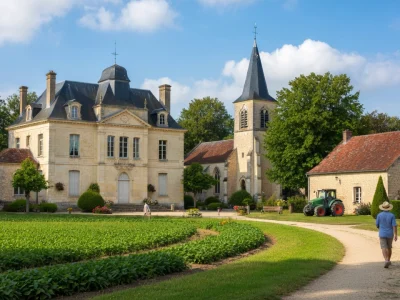 Un large manoir et une église surplombent les champs à berchere sur vesgre où un promeneur emprunte le chemin