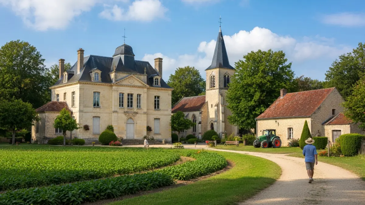 Un large manoir et une église surplombent les champs à berchere sur vesgre où un promeneur emprunte le chemin