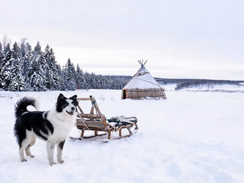 Un Laïka de Iakoutie noir et blanc se tient près d'un traîneau dans la neige