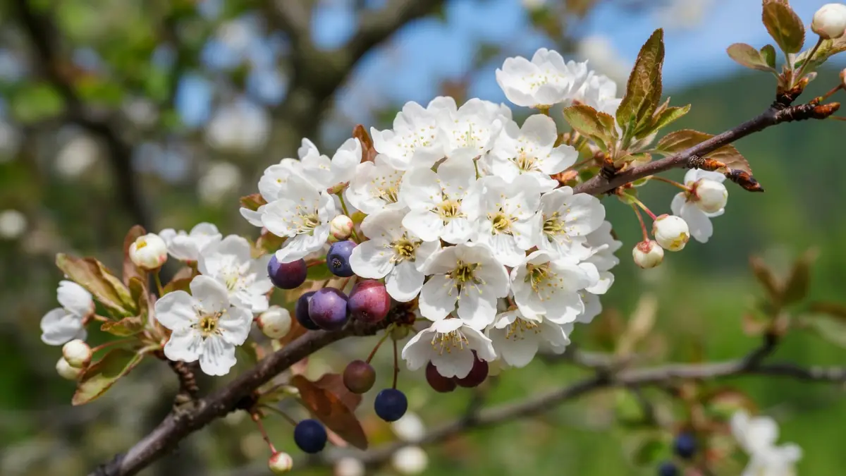 Branche d'amélanchier aux fleurs blanches et baies bleues