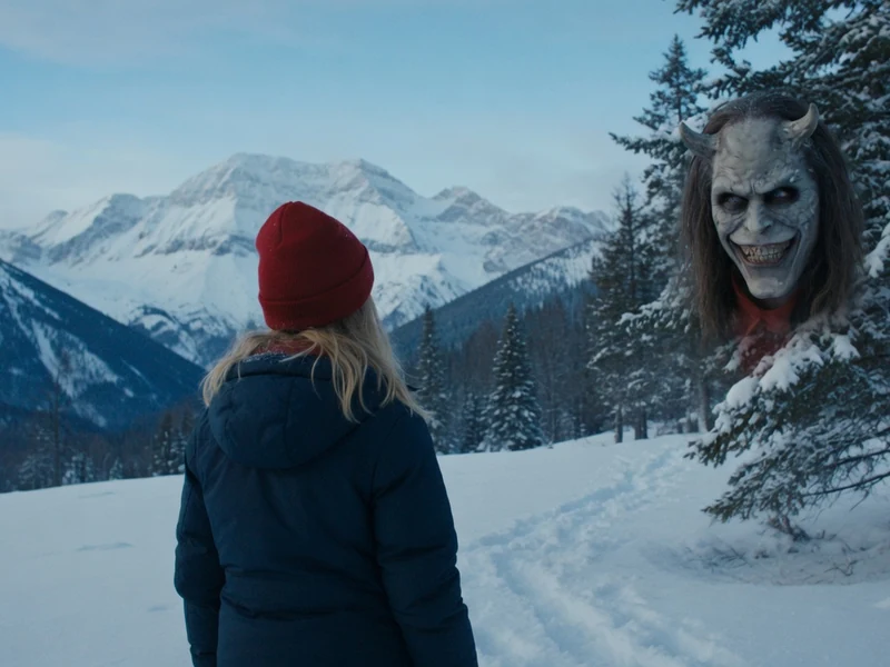 Une jeune femme en bonnet rouge face à une entité masquée effrayante dans un paysage enneigé pour Black Phone 2