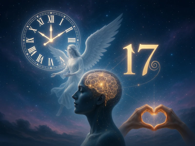 Une horloge ailée indique 17h17 au-dessus d'une silhouette au cerveau brillant et de mains formant un cœur dans le ciel étoilé