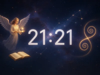 Un ange ailé tenant une lumière plane au-dessus d'un livre ouvert à 21h21 dans un ciel constellé
