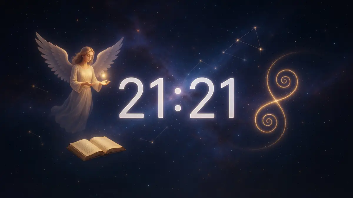 Un ange ailé tenant une lumière plane au-dessus d'un livre ouvert à 21h21 dans un ciel constellé