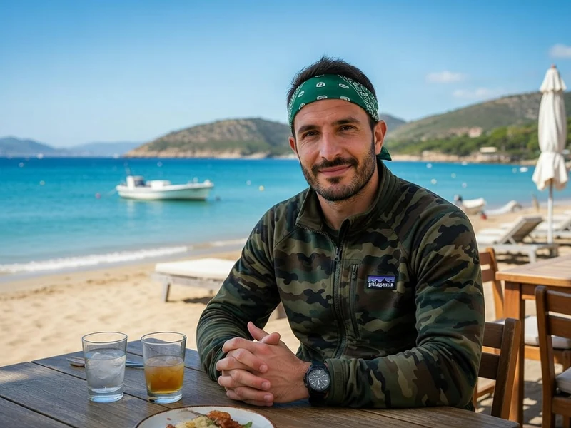 Denis Pierinelli est assis à une table en terrasse devant la mer en Corse