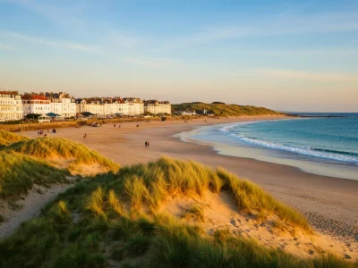 La plage dans le Nord offre un paysage de dunes herbeuses et de mer au soleil couchant