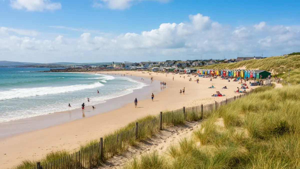 Vue sur la plage dans le Nord bordée de dunes herbeuses et de cabines colorées