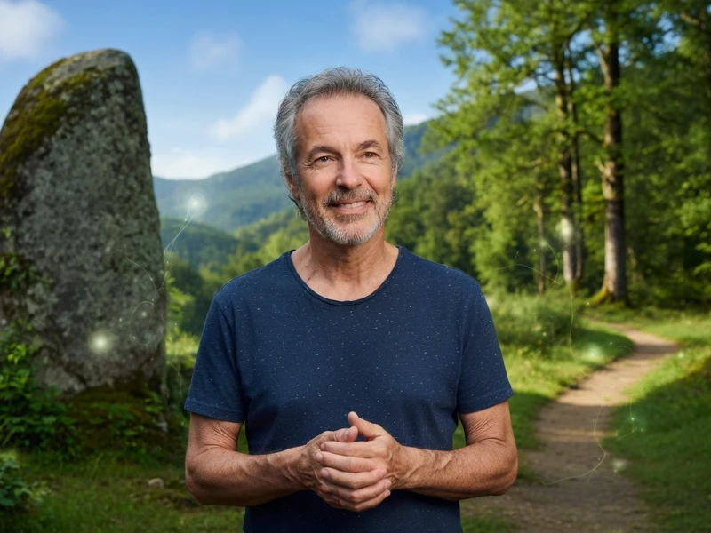 Yann Lipnick se tient les mains jointes près d'un mégalithe dans un chemin forestier