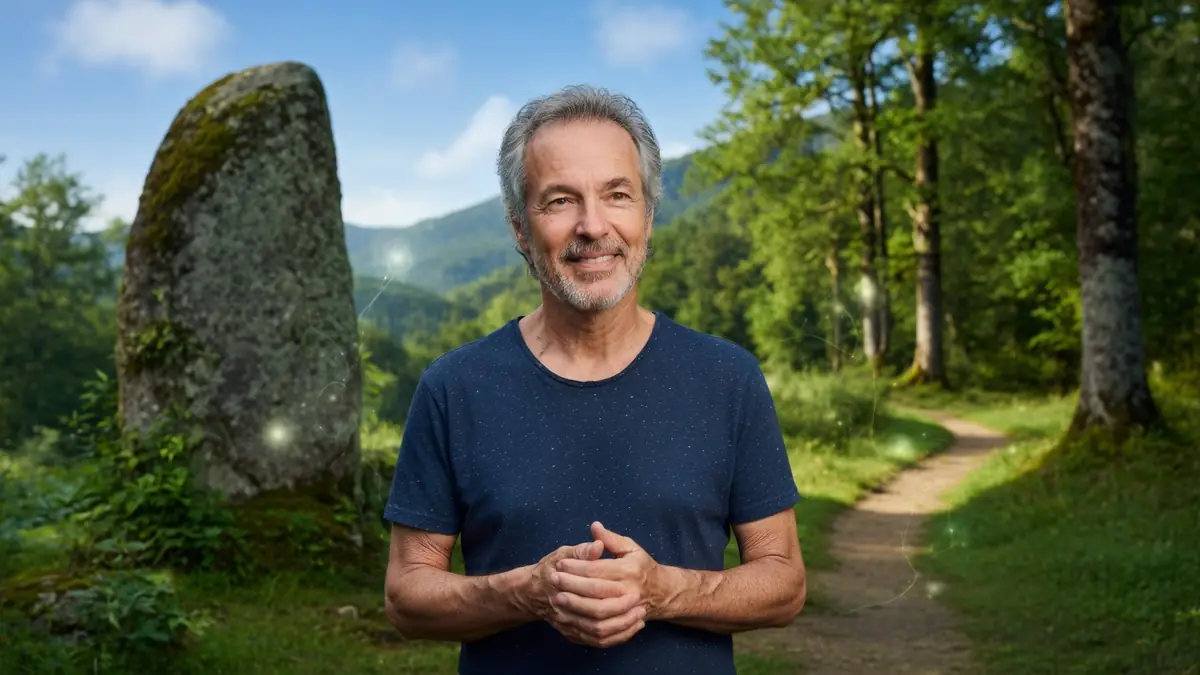 Yann Lipnick se tient les mains jointes près d'un mégalithe dans un chemin forestier