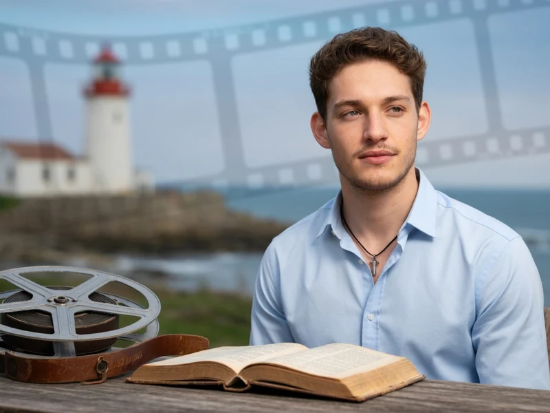 Dorian Le Clech est assis à une table près de la mer avec un livre ouvert et une bobine de film