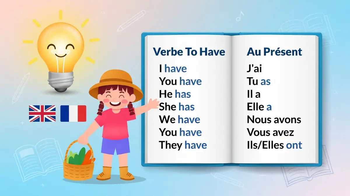 L'image montre une fillette avec une ampoule et un livre pour anglais le verbe avoir