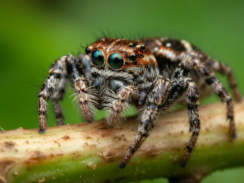 Une araignée sauteuse aux yeux bleu-vert est perchée sur une branche.