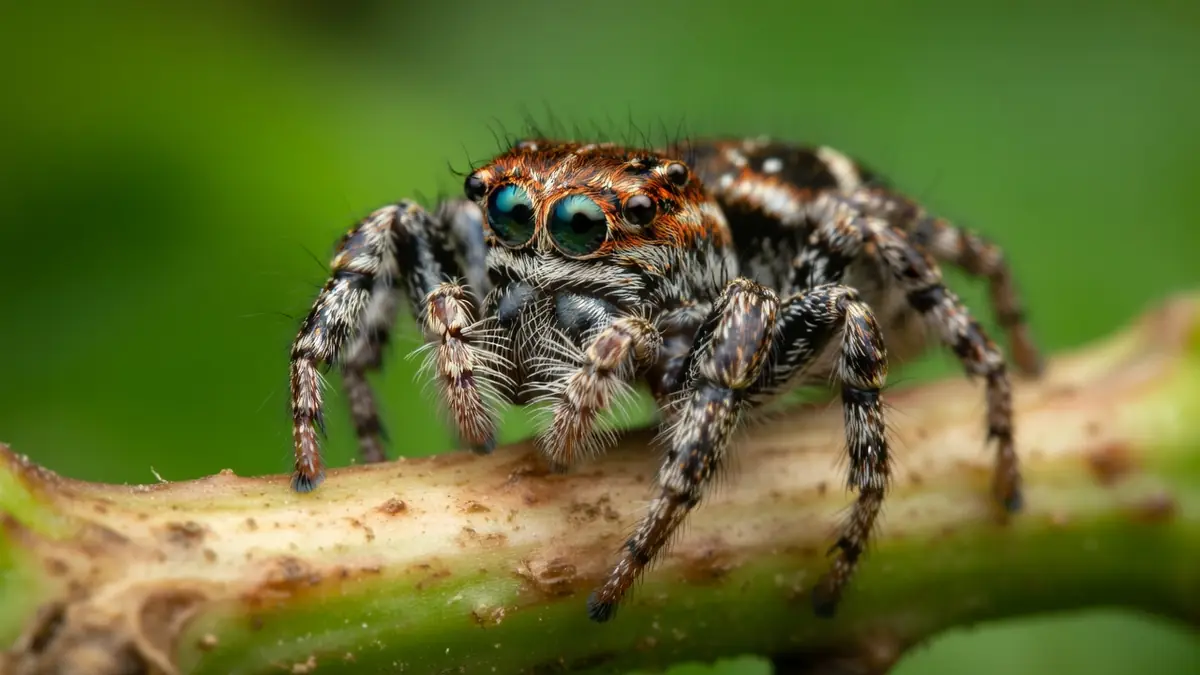 Une araignée sauteuse aux yeux bleu-vert est perchée sur une branche.