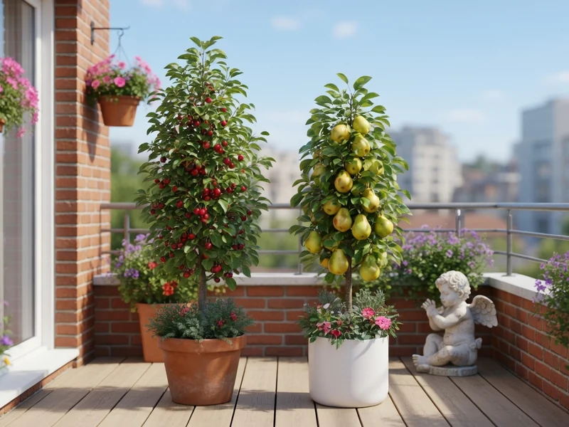 Sur une terrasse en bois, un arbre fruitier nain en pot est entouré de fleurs.