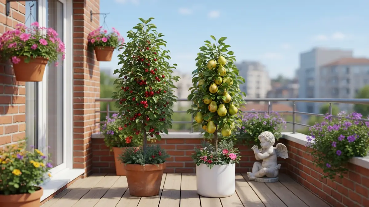 Sur une terrasse en bois, un arbre fruitier nain en pot est entouré de fleurs.