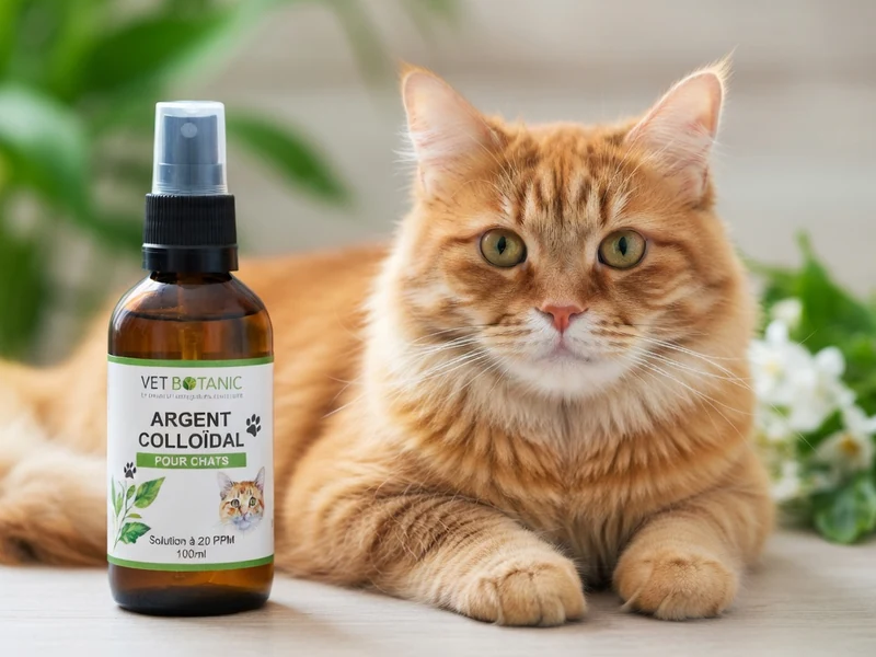 Un chat roux allongé à côté d'une bouteille d'argent colloïdal chat