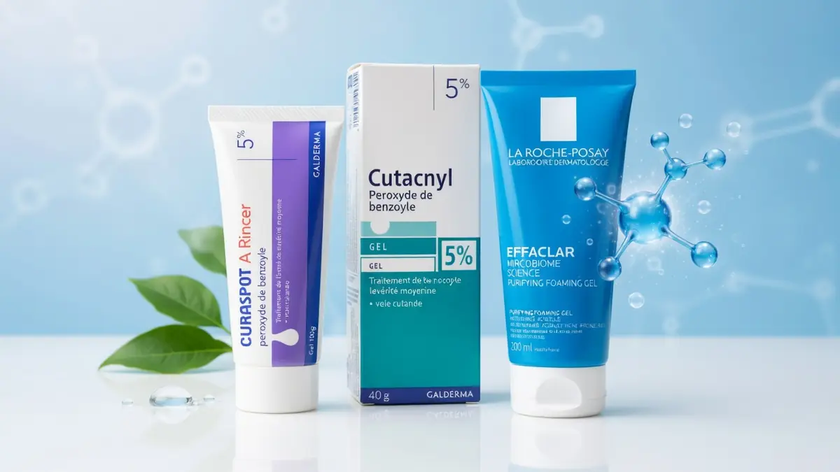 Trois produits de soin contre l'acné contenant du peroxyde de benzoyle