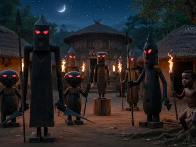 Des fétiches Kirikou aux yeux rouges se dressent autour d'un enfant dans le village la nuit