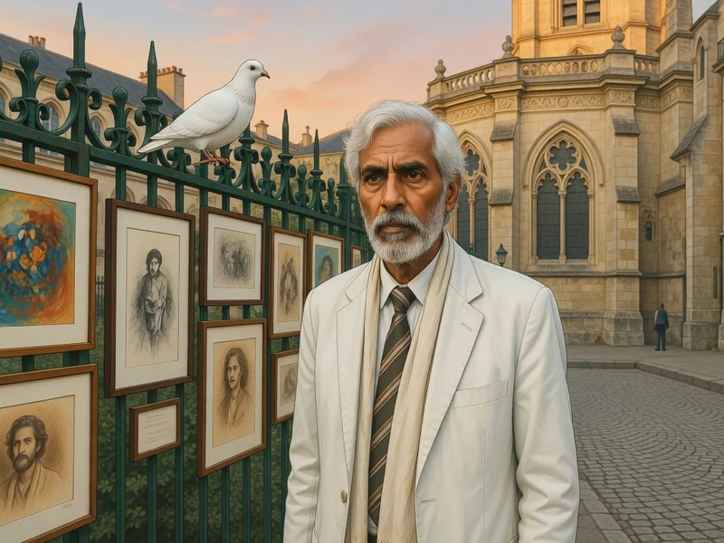 Yaseen Khan pose devant une clôture verte avec des tableaux, une colombe perchée et une église ancienne en arrière-plan