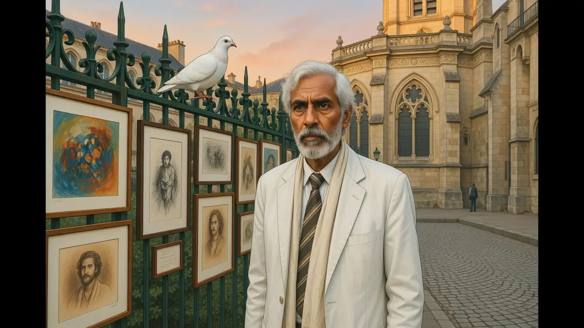 Yaseen Khan pose devant une clôture verte avec des tableaux, une colombe perchée et une église ancienne en arrière-plan