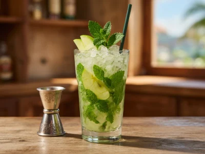 Un mojito La Recette rafraîchissant avec glaçons menthe et citron vert sur un comptoir en bois