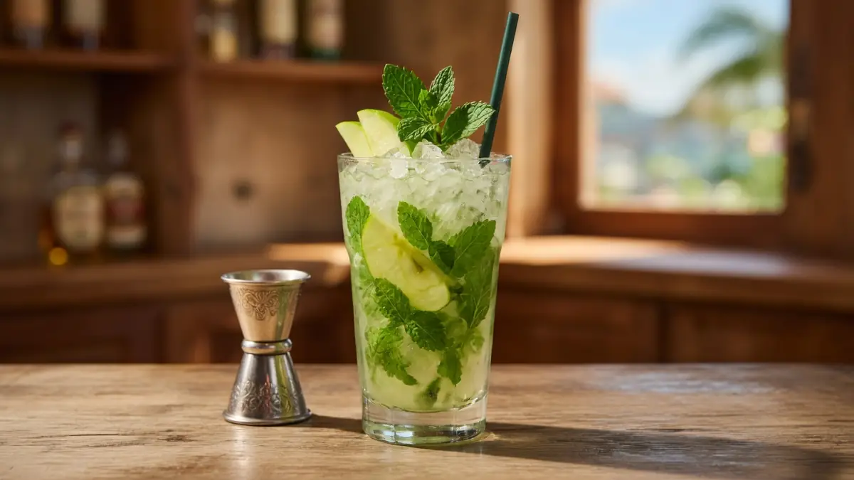 Un mojito La Recette rafraîchissant avec glaçons menthe et citron vert sur un comptoir en bois