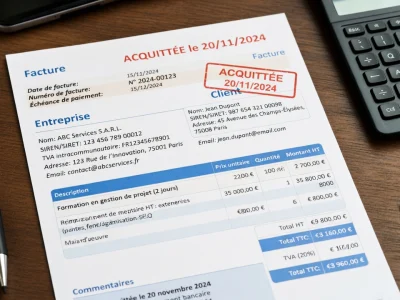 Accessoires de bureau autour d'un document pour acquitter une facture