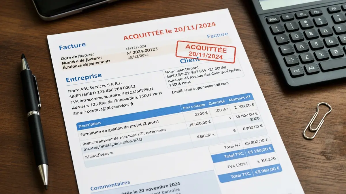 Accessoires de bureau autour d'un document pour acquitter une facture