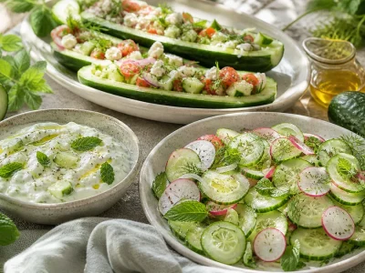 Une table garnie de mets au concombre recette et de produits frais