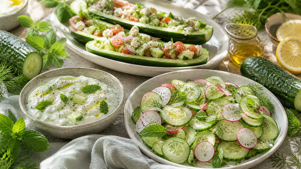 Une table garnie de mets au concombre recette et de produits frais