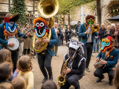 Des musiciens masqués aux allures de hurluberlus jouent des instruments de fanfare devant un public attentif