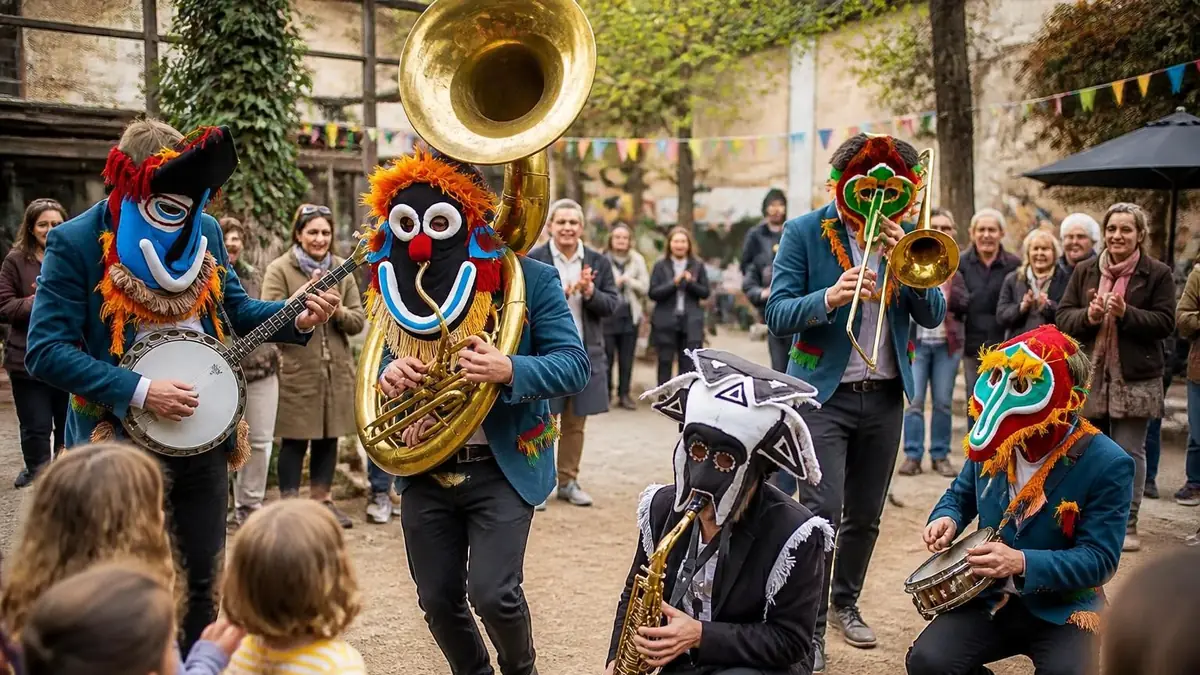 Des musiciens masqués aux allures de hurluberlus jouent des instruments de fanfare devant un public attentif