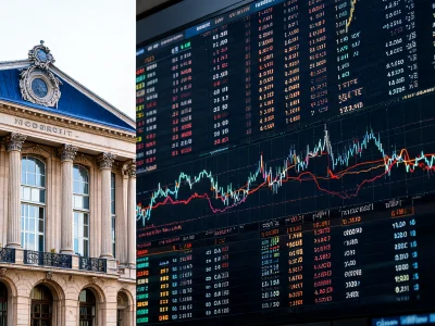 Édifice classique adjacent à un écran de graphiques financiers pour la bourse en direct de A à Z CAC 40