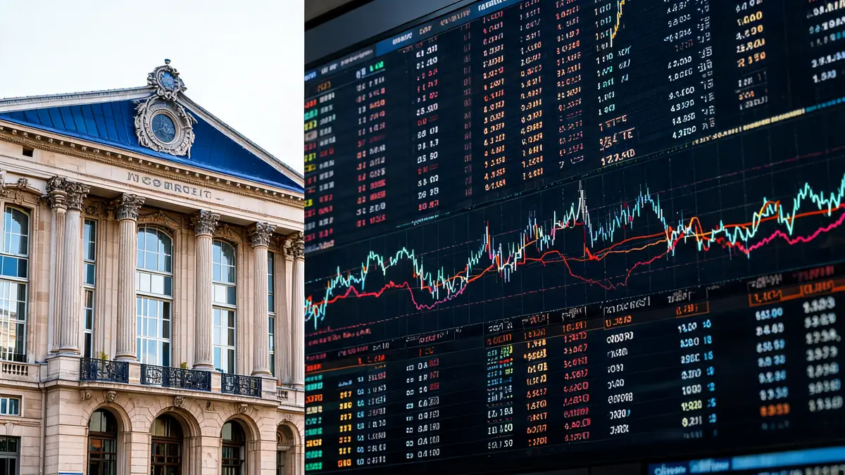 Édifice classique adjacent à un écran de graphiques financiers pour la bourse en direct de A à Z CAC 40