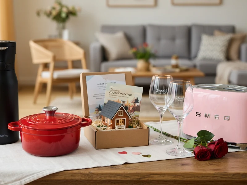 Une table garnie d'articles et de roses illustre une idée cadeau pour un couple