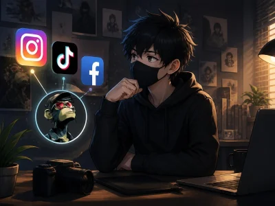 Jeune homme portant un masque devant son ordinateur et imaginant une photo de profil stylée pour ses réseaux sociaux