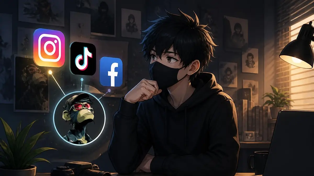 Jeune homme portant un masque devant son ordinateur et imaginant une photo de profil stylée pour ses réseaux sociaux
