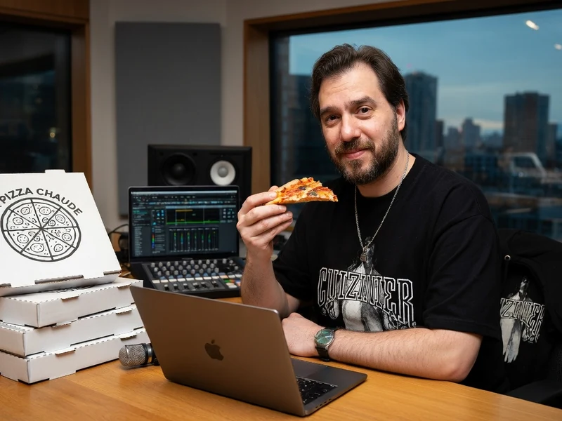 Le cuizinier savoure une part de pizza devant son ordinateur portable