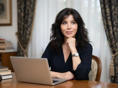 Rachida Khalil est assise à son bureau souriante la main au menton devant son ordinateur portable