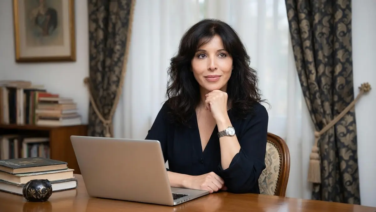 Rachida Khalil est assise à son bureau souriante la main au menton devant son ordinateur portable