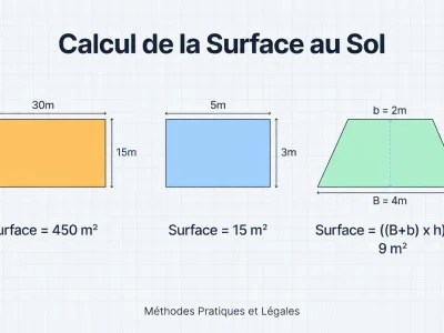 Trois formes géométriques colorées illustrent comment calculer des mètres carrés