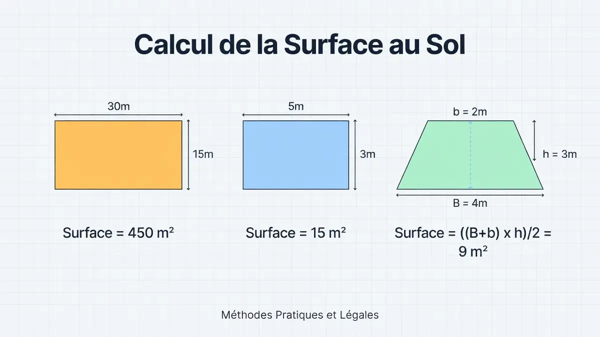 Trois formes géométriques colorées illustrent comment calculer des mètres carrés