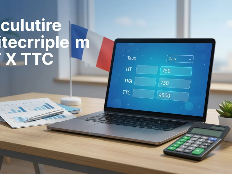 Un ordinateur portable sur un bureau avec un drapeau français et une calculatrice pour calculer un TTC en HT