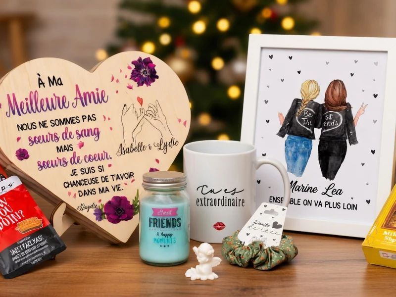 Plusieurs articles forment un cadeau meilleure amies sur une table devant un sapin de Noël