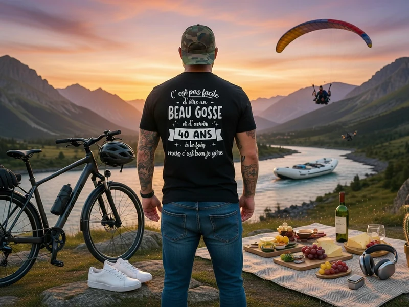 Un homme de dos avec vélo et pique-nique face à la rivière pour une idée cadeau homme 40 ans